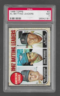 1968 Topps #2 Líderes de bateo de la Liga Americana, Carl Yastrzemski, Medias Rojas de Boston PSA 7 casi nuevo Foto 1 de 3
