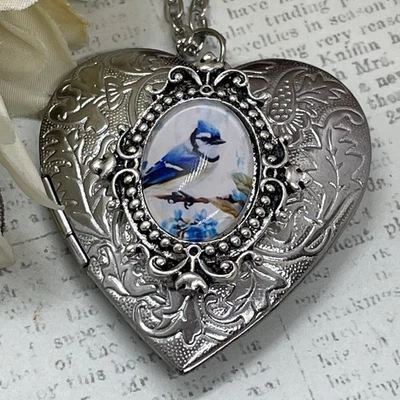 Heart Silver Locket Necklace Photo wedding Glass Bird Blue Jay Birthday Gift Mom - Image 1 of 4