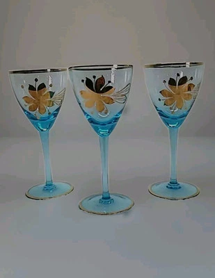 Lote/3 vasos vintage rumanos con pedestal de aguamarina oro 24k diseño floral soplado a mano Foto 1 de 4