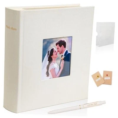 Álbum de fotos 4x6 200 bolsillos reforzados con espacio de escritura, lino blanco sin ácido Foto 1 de 4