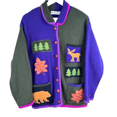 Cárdigan de Navidad de Lana Marisa Christina Años 90 De Colección XL Púrpura Retazos Abuela Oso Foto 1 de 4