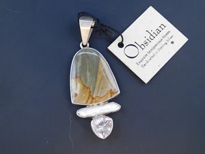 Designer Sterling Silver Pendant Jasper Pearl White Quartz 17.1g Obsidian Brand - Picture 1 of 5