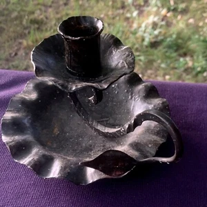 Hand Beaten Forged Iron Tea Light / Candle Holder Pewter Chamberstick ❤️sj11m10 - Picture 1 of 9