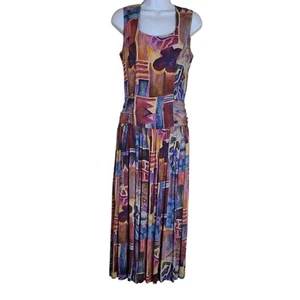 Vtg 1990s Ann Tjian for Kenar Maxi Dress Sz 6 Multicolor Drop-Waist Sheath Rayon - Picture 1 of 5