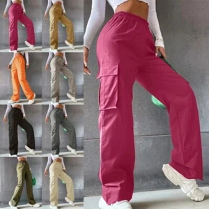 Women Cargo Combat Trousers Ladies Elastic Waist Sports Wide-Leg Joggers Pants - Picture 1 of 33