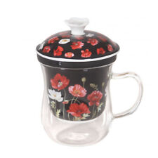 French Country Kitchen Tea Cup Mug Glass Poppies on Black with Strainer