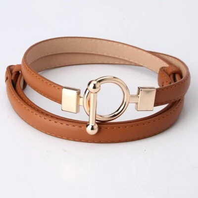 Women Belts Casual Leather Dress Belt Skinny Gold Buckle 18mm Strap Accessories - Image 1 of 4