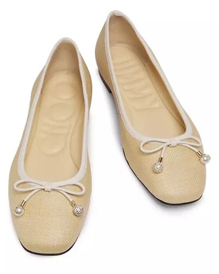 Jimmy Choo Elme 37 1/2 Natural/Latte Raffia Nappa Leather Flat Women's $796 - Image 1 of 4