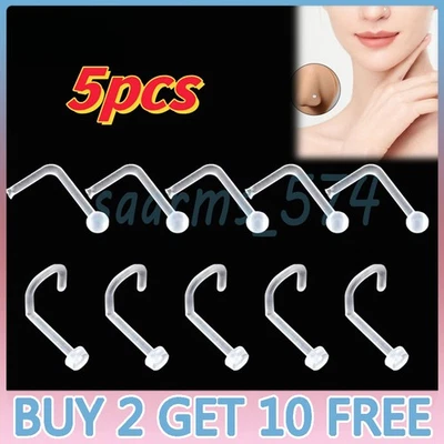 Clear Nose Stud Hypo Allergenic Acrylic Plastic Retainer Care Bar L Shape UK NEW - Image 1 of 4