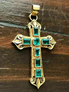 Antique 3Ct Emerald Cut Green Emerald Cross Pendant 14k Yellow Gold Finish - Picture 1 of 5