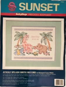 Vintage 1993 "Jungle Splash Birth Record" Open Pack SUNSET Stamped Cross Stitch - Bild 1 von 19