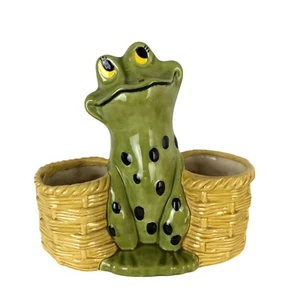 CUTE Vintage Retro Spotted Green Frog & Yellow Baskets Ceramic Planter - Picture 1 of 9