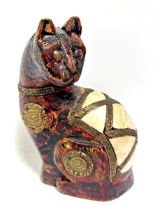 Vintage Wooden wood cat statue figurine handcrafted w/ Brass & Camel Bone inlay - Picture 1 of 4