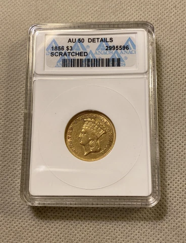 1856 $3 Gold Piece Indian Princess ANACS AU Details Scratch 26k Mintage Cover