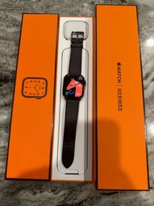 Apple Watch Series 8 Hermēs 45mm Space Black With Leather Noir Single Tour Band - Photo 1 sur 12