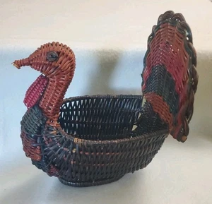Cesto a forma di tacchino in vimini intrecciato vintage decorazione tavola ringraziamento - vintage - Foto 1 di 5