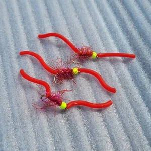 3x SIZE 10 RED BARBED SQUIRMY UV FRITZ FLY YELLOW BEADHEAD GAME TROUT Fishing - Picture 1 of 2