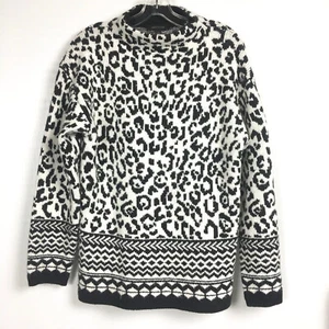 Ann Taylor Womens Medium Mock Neck Sweater Mixed Animal Print Pullover Blk White - Picture 1 of 7