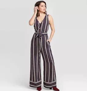 Damen ärmellos V-Ausschnitt Knopfleiste Gürtel Jumpsuit-Xhilaration-Marineblau-M-S596 - Bild 1 von 4