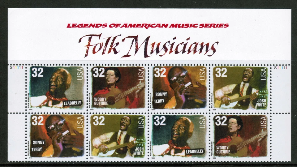 US USA Sc# 3215a var MNH FVF PL# 8BLOCK w Top Folk Music Guthrie Leadbelly White - Image 1 of 1