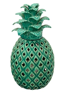Pineapple Ceramic Tea Light 10” Tall Teal Tropical High End Quality Heavy Duty - Picture 1 of 5