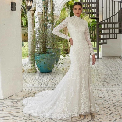 Elegante Vestido de Boda Cuello Alto Mangas Completas Vaina Encaje Corte Tren Novia Vestidos Foto 1 de 4