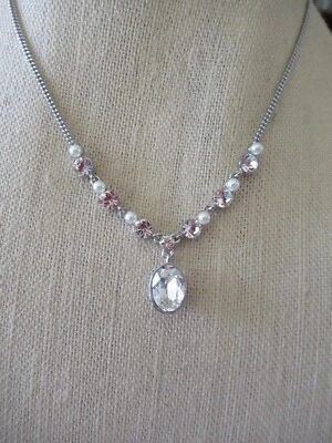 NWT Givenchy Silver Tone Faux Pearls/ Clear Crystal, "Y" Necklace/ Hook In Clasp - Image 1 of 4