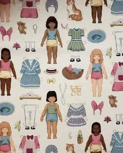 VTG 90`s Robert Kaufman Multicultural Paper Dolls & Pets Fabric VHTF 44" X 15.5 - Picture 1 of 7