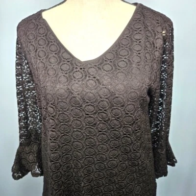 Vestido Granero Negro Encaje Forrado Cuello en V Volantes Manga Campana Blusa Mujer Talla Mediana Foto 1 de 4