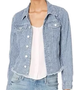 BlankNYC Blue Striped Denim Jacket Raw Hem XS NWT Preppy - Picture 1 of 8