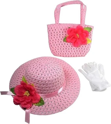 Niñas Pequeñas Tea Party Sombrero Vestir Cartera y Guantes Blancos Rosa niños Foto 1 de 4