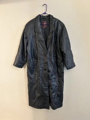 Gabardina vintage G III talla grande 1X para mujer de cuero genuino negro con botones Foto 1 de 4