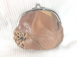 Vtg 80s Leather Patchwork Purse Kisslock Coin Wallet Suede Animal Print 6x7" - Picture 1 of 8