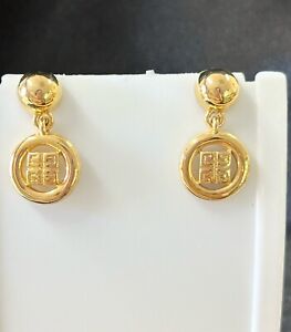 Vintage Iconic Givenchy Logo Gold Ball Dangle Pierced Statement Earrings
