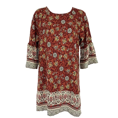 FOREVER 21 3/4 Bell Sleeve Shift Dress Size S Floral Burnt Orange Bohemian - Image 1 of 4