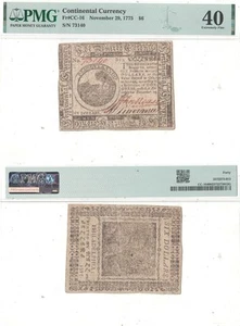 November 29, 1775 Six Dollars Continental Currency Fr. CC-16 PMG XF-40 - Picture 1 of 3