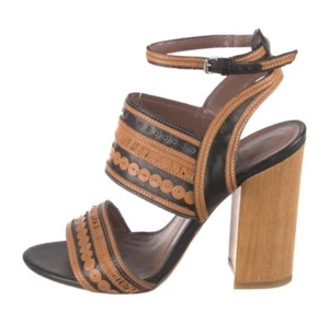 Tabitha Simmons Authentic Black Brown Leather Block Heels Sandals 7 Italy - Picture 1 of 9