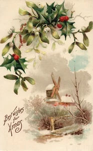 Best Wishes Xmas Scenic Windmill Through Branches Clouds Snow Holly Christmas - Picture 1 of 2