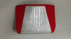 NEW Large Zipper top Silver Faux Leather Red Linen clutch purse cosmetic - Picture 1 of 5