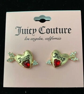 Juicy Couture Red Crystal Heart Bow Arrow Earrings Rhinestones Cupid Valentines - Image 1 of 4