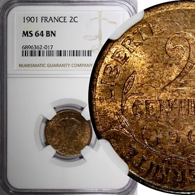 FRANCIA Bronce 1901 2 Céntimos NGC MS64 BN 1 GRADO MÁS ALTO KM# 841 (017) Foto 1 de 4