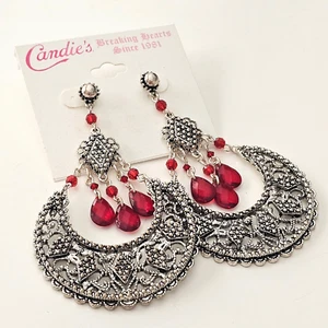 Candie's Textured Ethnic Moon Chandelier Red Beaded Long Earrings 3.5" NWT - Picture 1 of 5