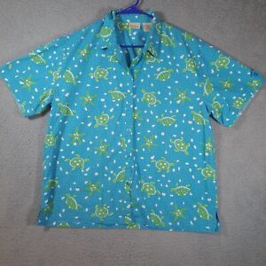 Bobbie Brook Shirt Mens XL Blue Short Sleeve Button Down Turtle Print