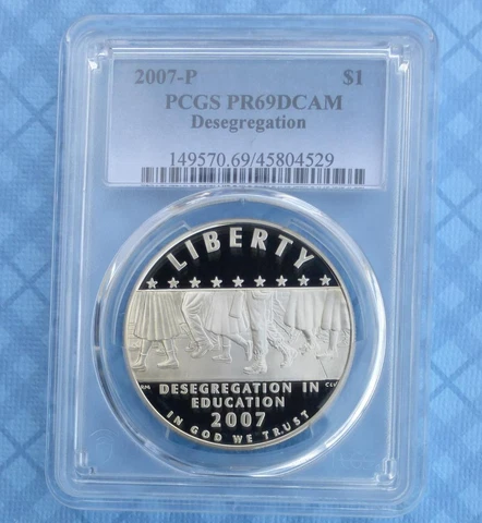 2007 PCGS PR 69 Deep Cameo Silver Desegregation Dollar, Gem PR 69 D-Cam $1 Cover