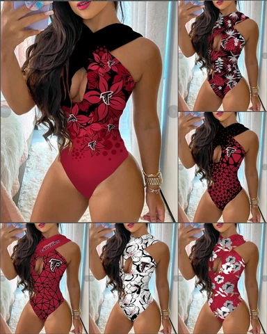 Atlanta Falcons Criss Cross One-piece Swimsuit Sexy Hollow-out Halter Swimwear Cover
