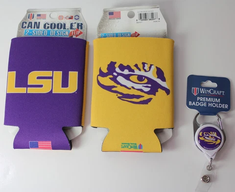 LSU NCAA Gift Set of 2 Classic Can Coolers Coozies + Premium Badge ID Reel NEW Cover