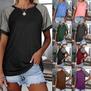 Womens Colour Block T Shirt Short Sleeve Tunic Tops Ladies Casual Summer Blouse - Picture 1 of 27