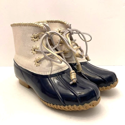 Jack Rogers Womens 9 Chloe Boots Gold Metallic Leather Navy Duck Rain Winter - Image 1 of 4
