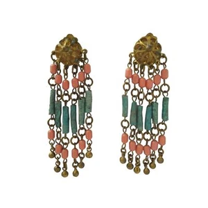 Orecchini Vintage Egiziano Revival Faience Blu e Arancione Placcato Oro Clip On - Foto 1 di 2