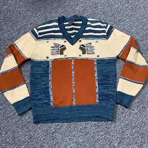80s Vintage Mens M Novelty Print Sweater JC Penney Striped Indian Heads